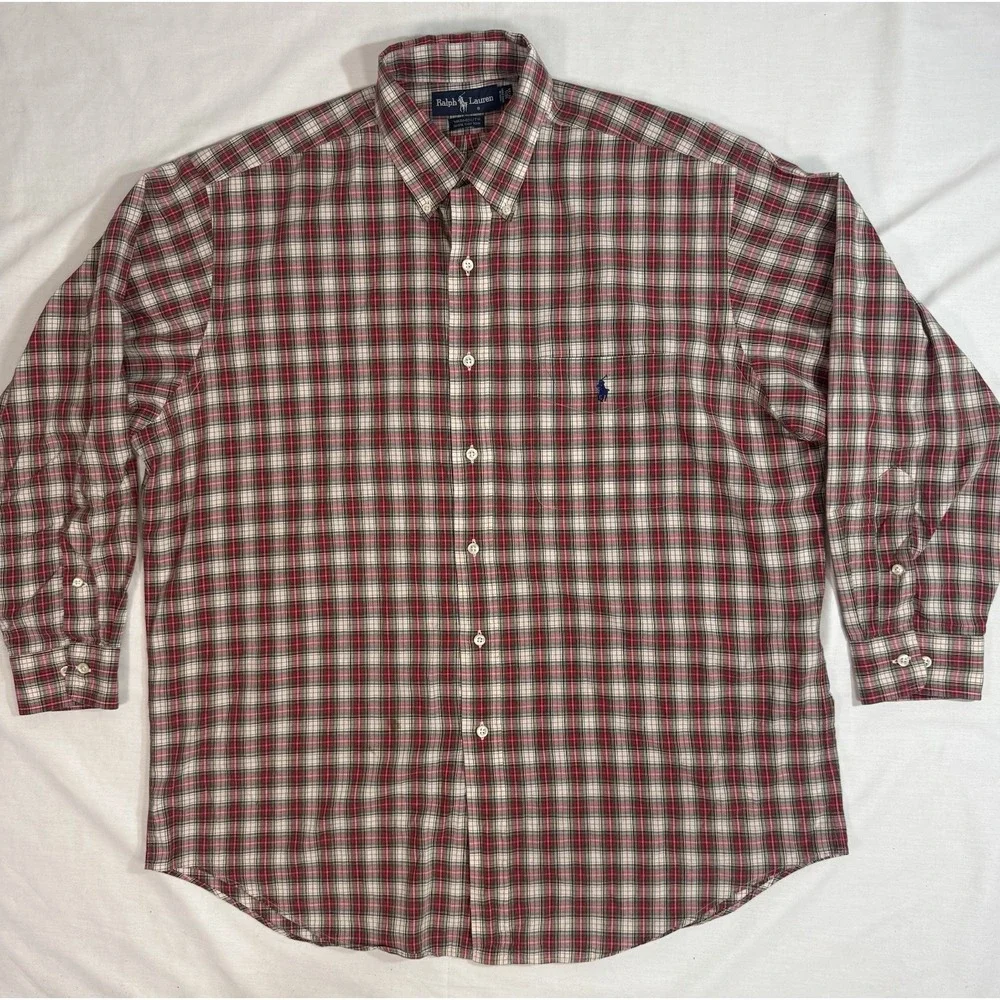 Vintage Polo Ralph Lauren Yarmouth Red Plaid‎ Button Up Shirt Men's Large